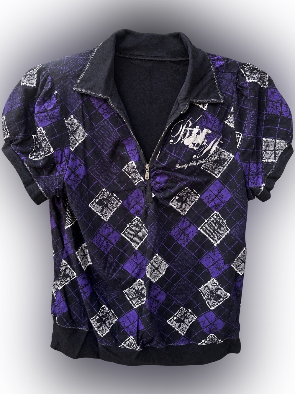 Beverly Hills Polo Club Purple Argyle Zip-Front Short Sleeve Polo
